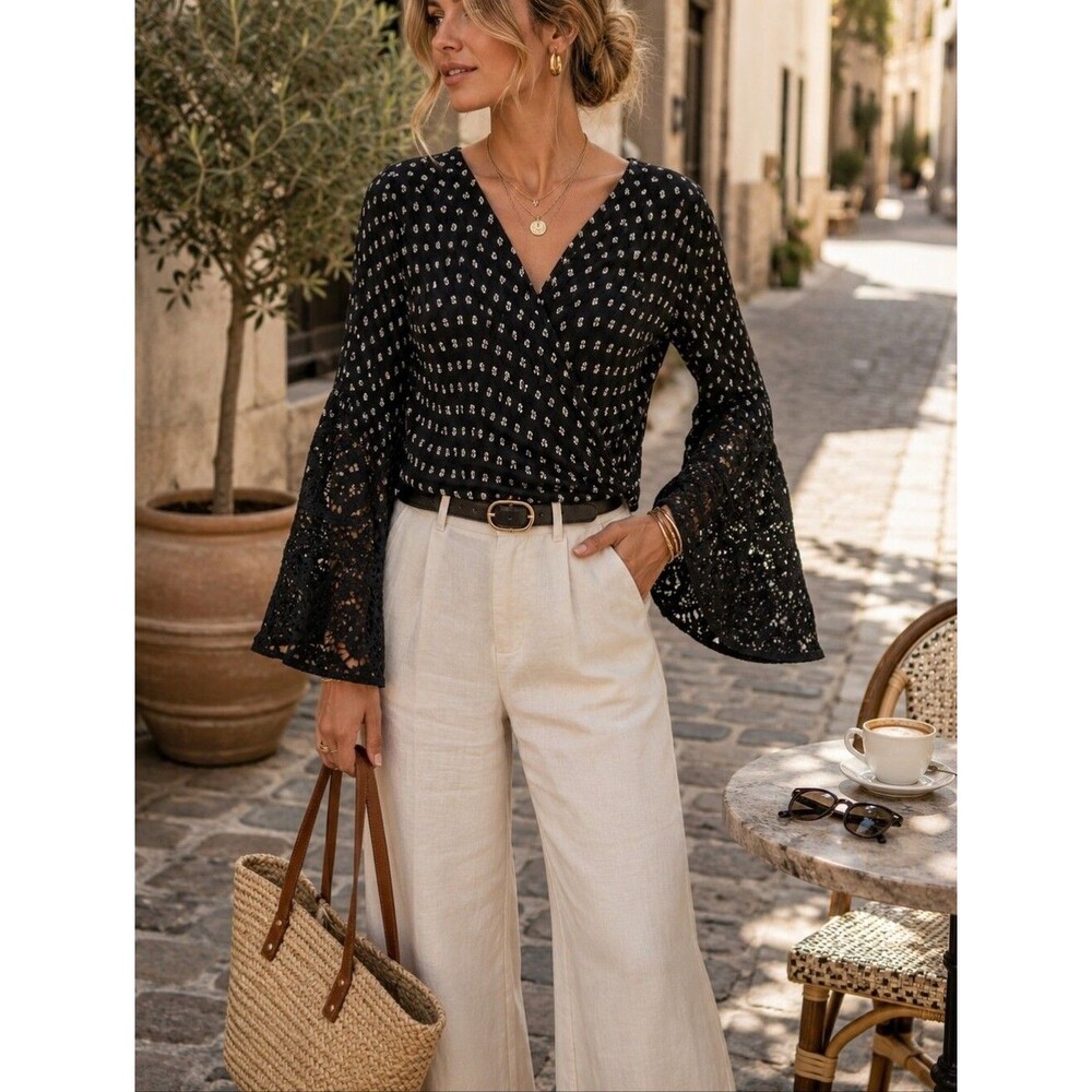 Black Floral Draped Wrap Peasant Blouse M Crochet Sleeves Greta Van Fleet Whimsy